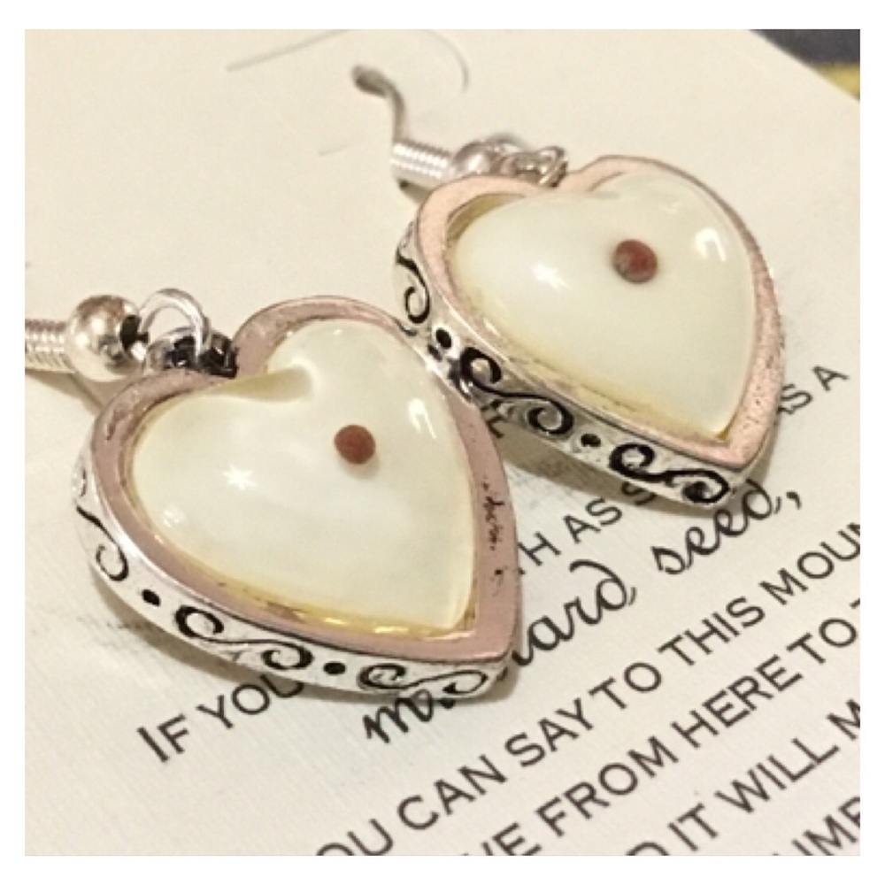 Cute “Mustard Seed” Heart Hook Style Earrings on Display
